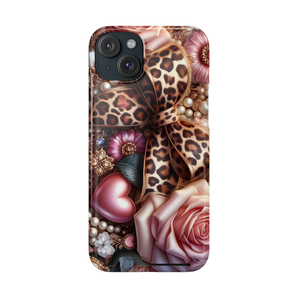 Leopard Rose phone case with card holder for iPhone 15 Plus, glossy finish