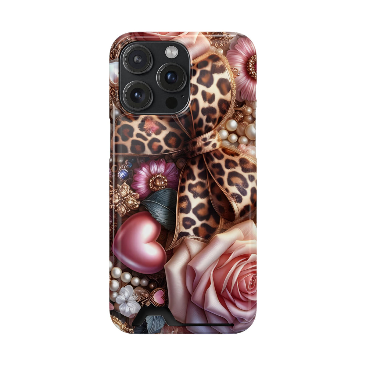 Leopard Rose phone case with card holder for iPhone 15 Pro Max, glossy finish