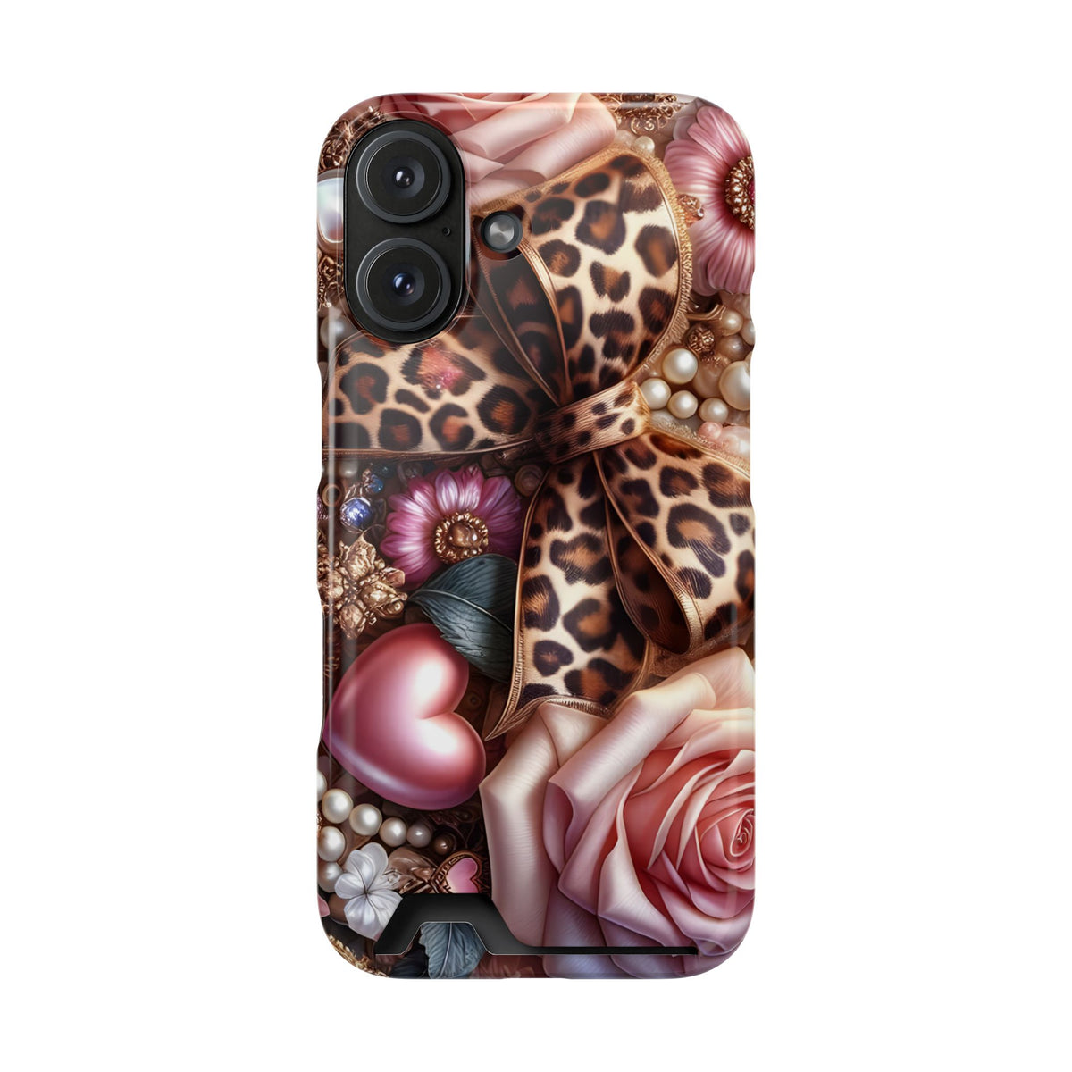 Leopard Rose phone case with card holder for iPhone 16, glossy finish