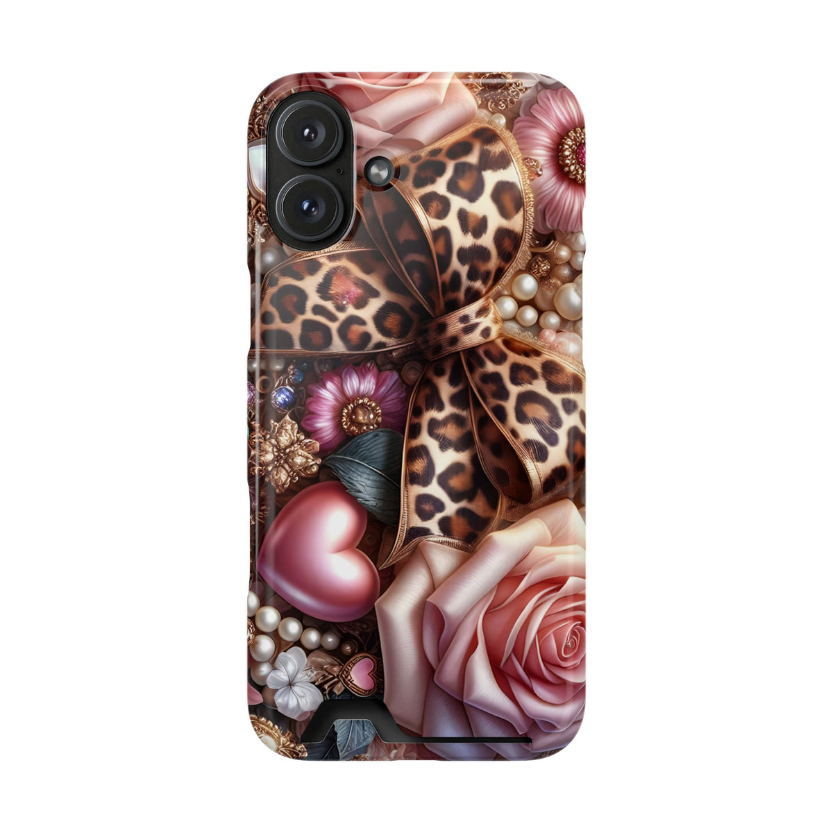 Leopard Rose phone case with card holder for iPhone 16 Plus, glossy finish