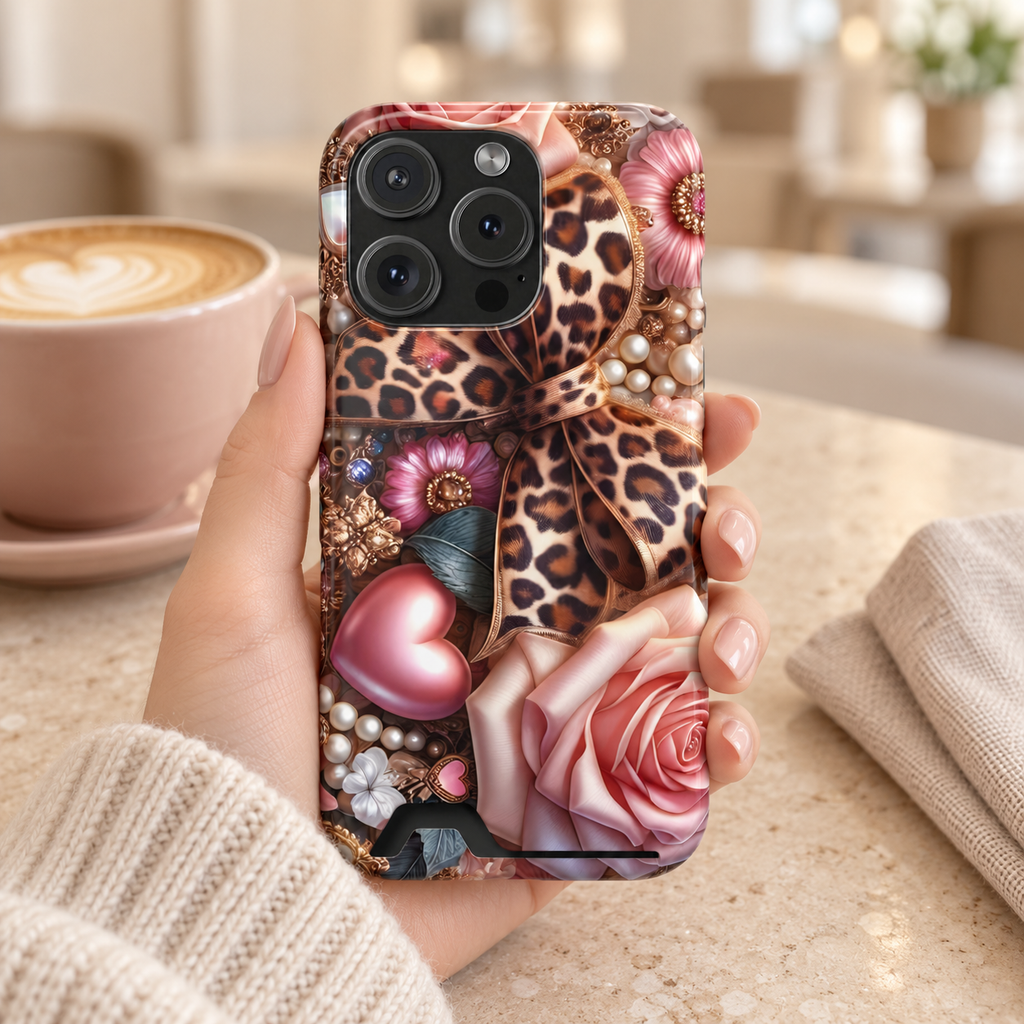 Leopard Rose phone case with card holder, a leopard bow with pink roses, hearts and pearls, lifestyle photo in hand with coffee
