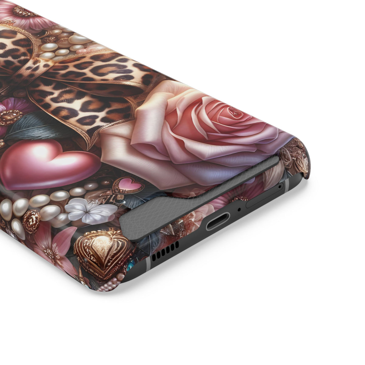 Leopard Rose phone case with card holder, close-up of the card slot