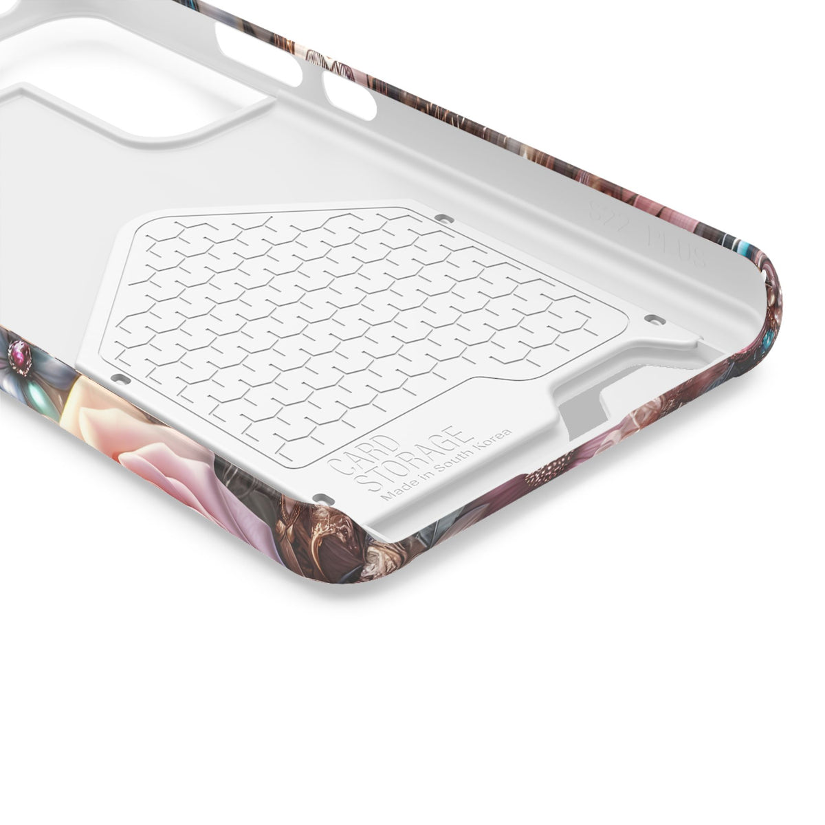 Leopard Rose phone case with card holder, close-up of the inside