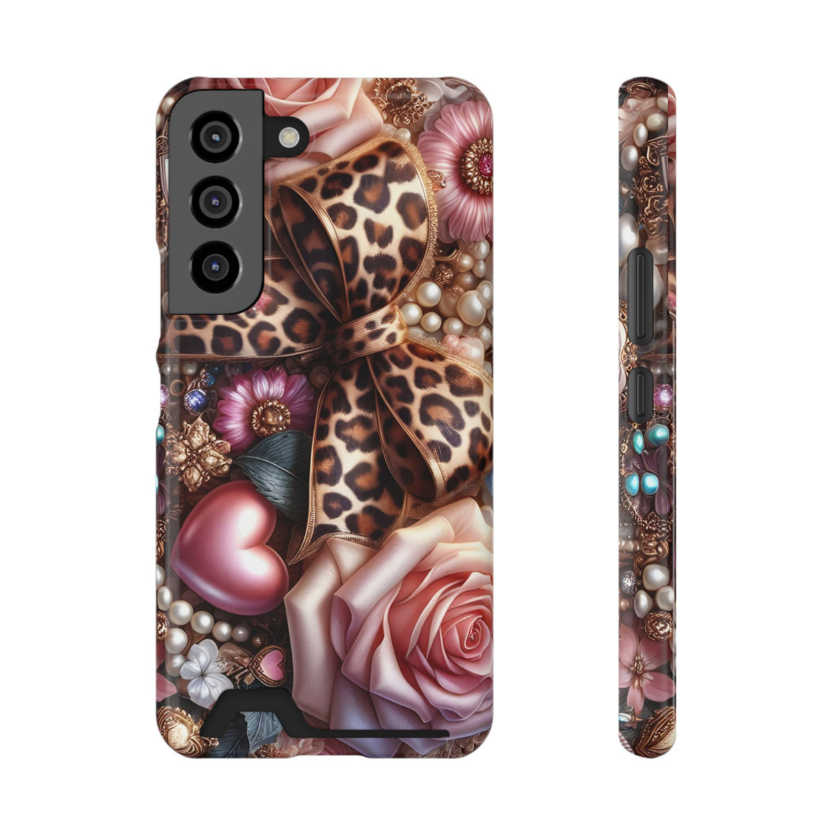 Leopard Rose phone case with card holder for Samsung Galaxy S22, glossy finish