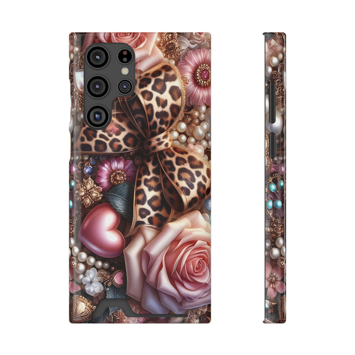 Leopard Rose phone case with card holder for Samsung Galaxy S22 Ultra, glossy finish