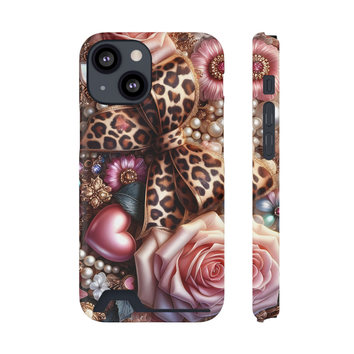 Leopard Rose phone case with card holder for iPhone 13 Mini, glossy finish
