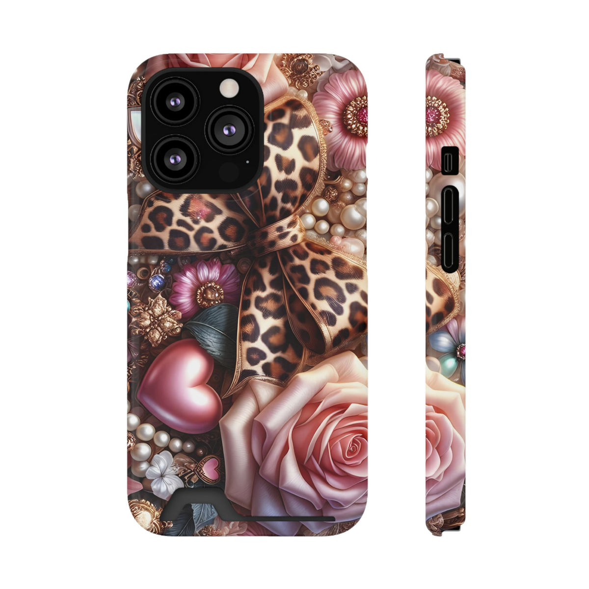 Leopard Rose phone case with card holder for iPhone 13 Pro, glossy finish