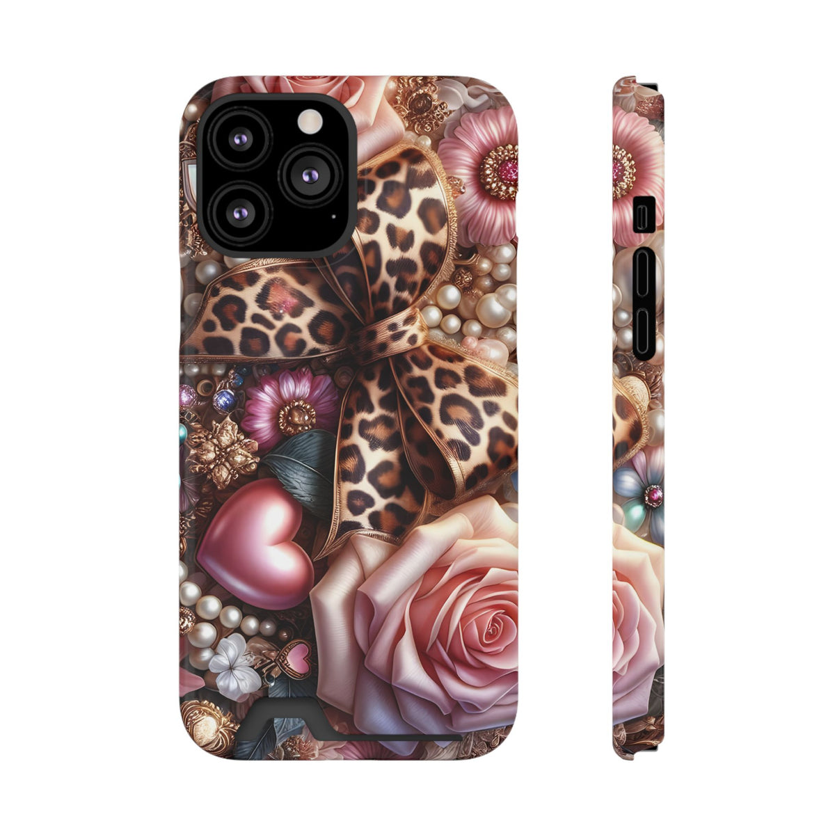 Leopard Rose phone case with card holder for iPhone 13 Pro Max, glossy finish