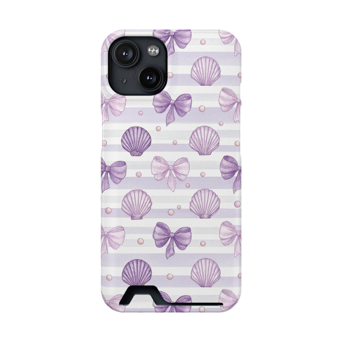 Lilac Seashell phone case with card holder for iPhone 14, glossy finish