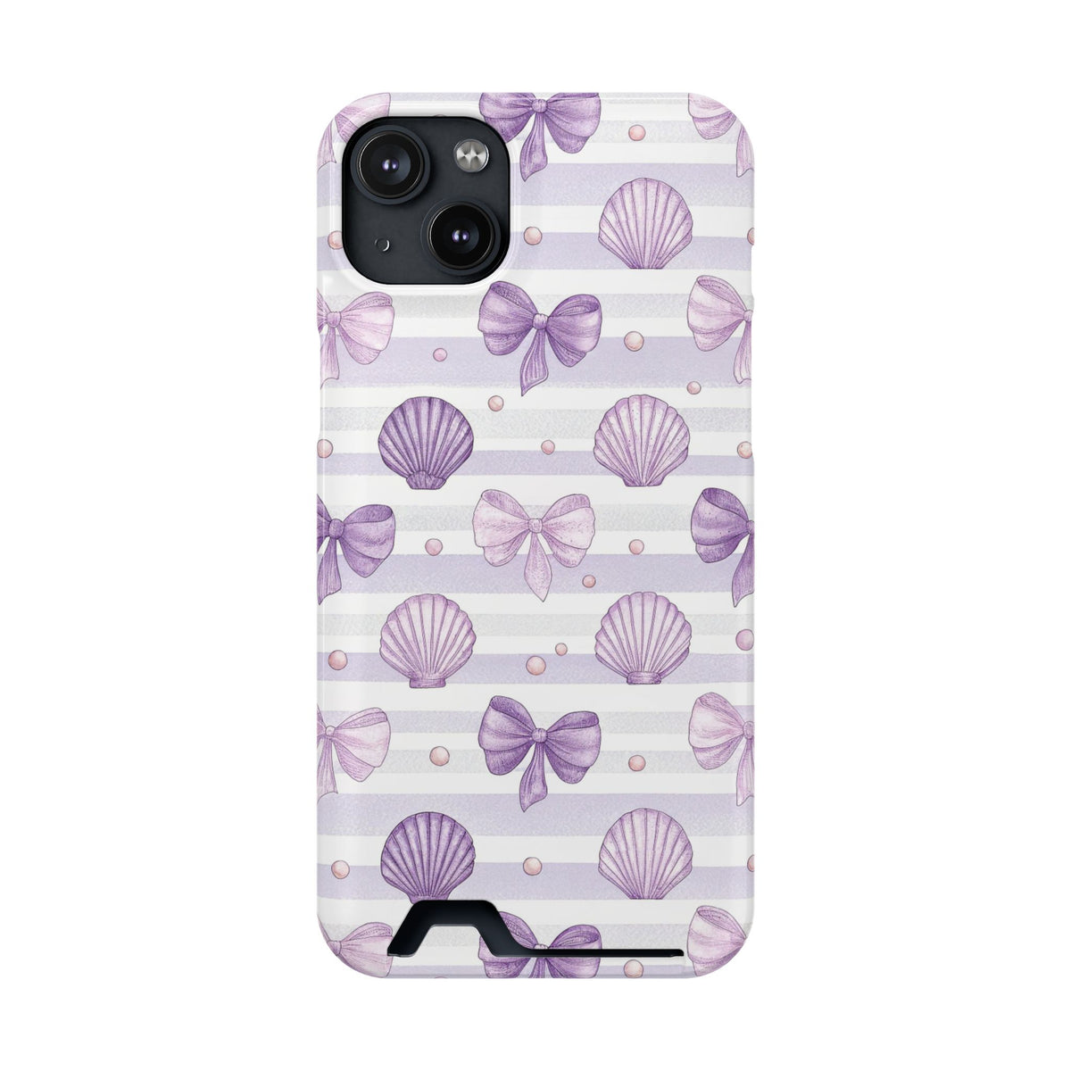 Lilac Seashell phone case with card holder for iPhone 14 Plus, glossy finish