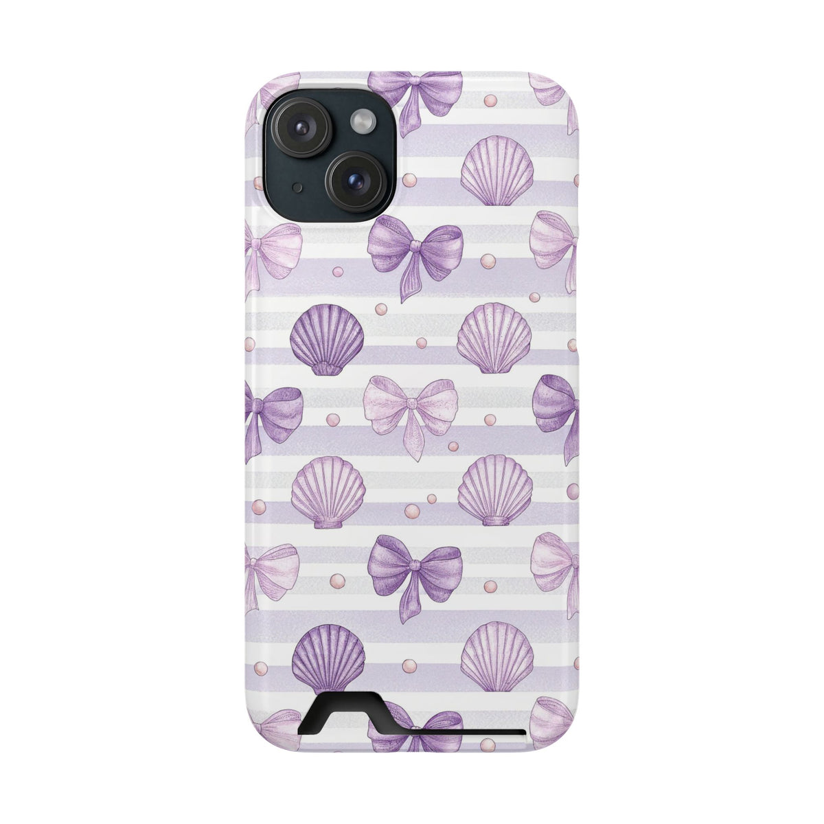 Lilac Seashell phone case with card holder for iPhone 15 Plus, glossy finish