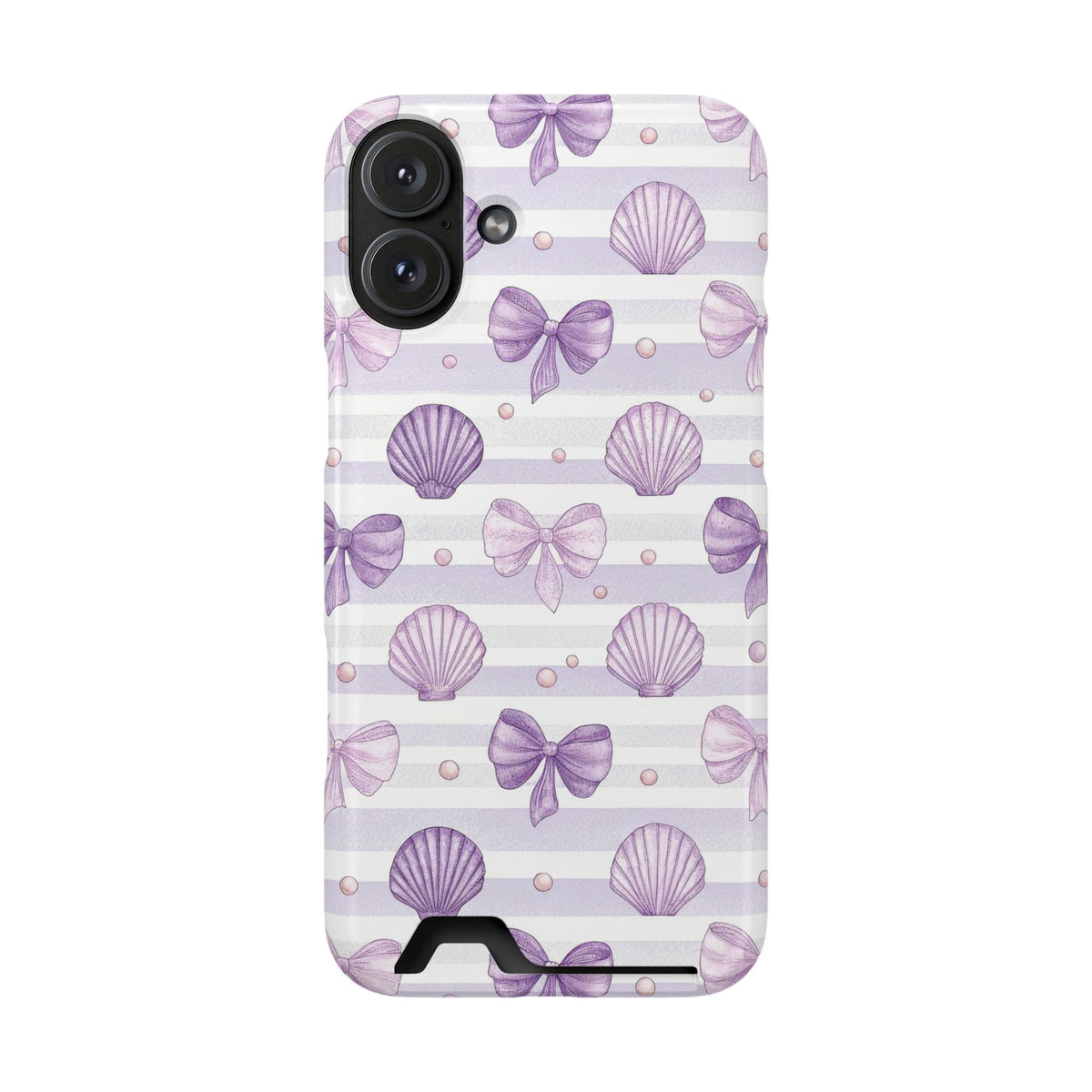 Lilac Seashell phone case with card holder for iPhone 16 Plus, glossy finish