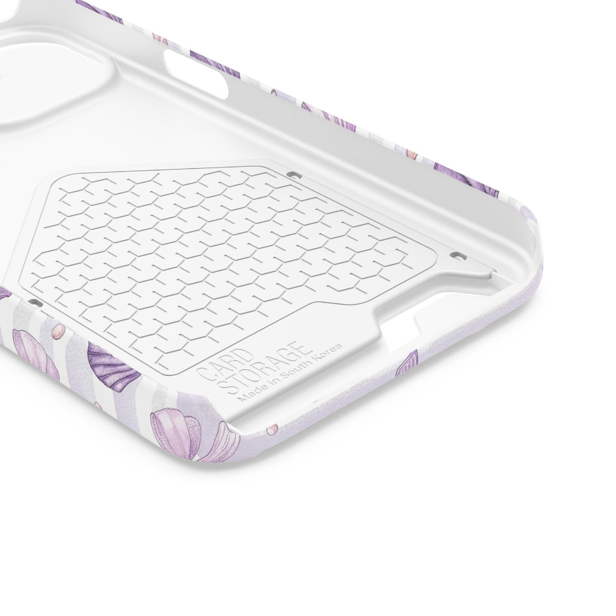 Lilac Seashell phone case with card holder for iPhone 13, glossy finish