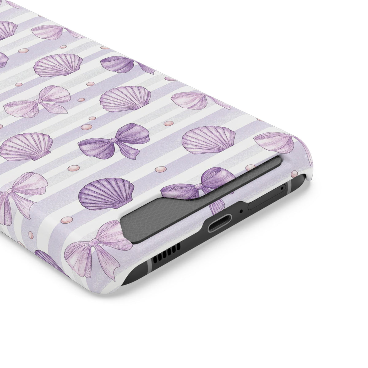 Lilac Seashell phone case with card holder, close-up of the card slot