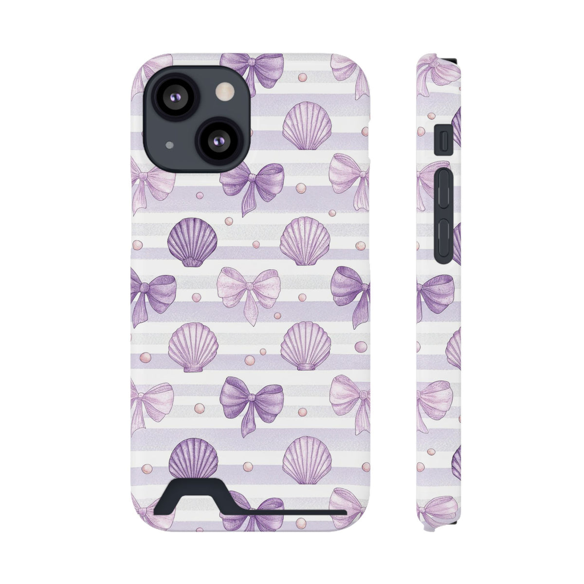 Lilac Seashell phone case with card holder for iPhone 13 Mini, glossy finish