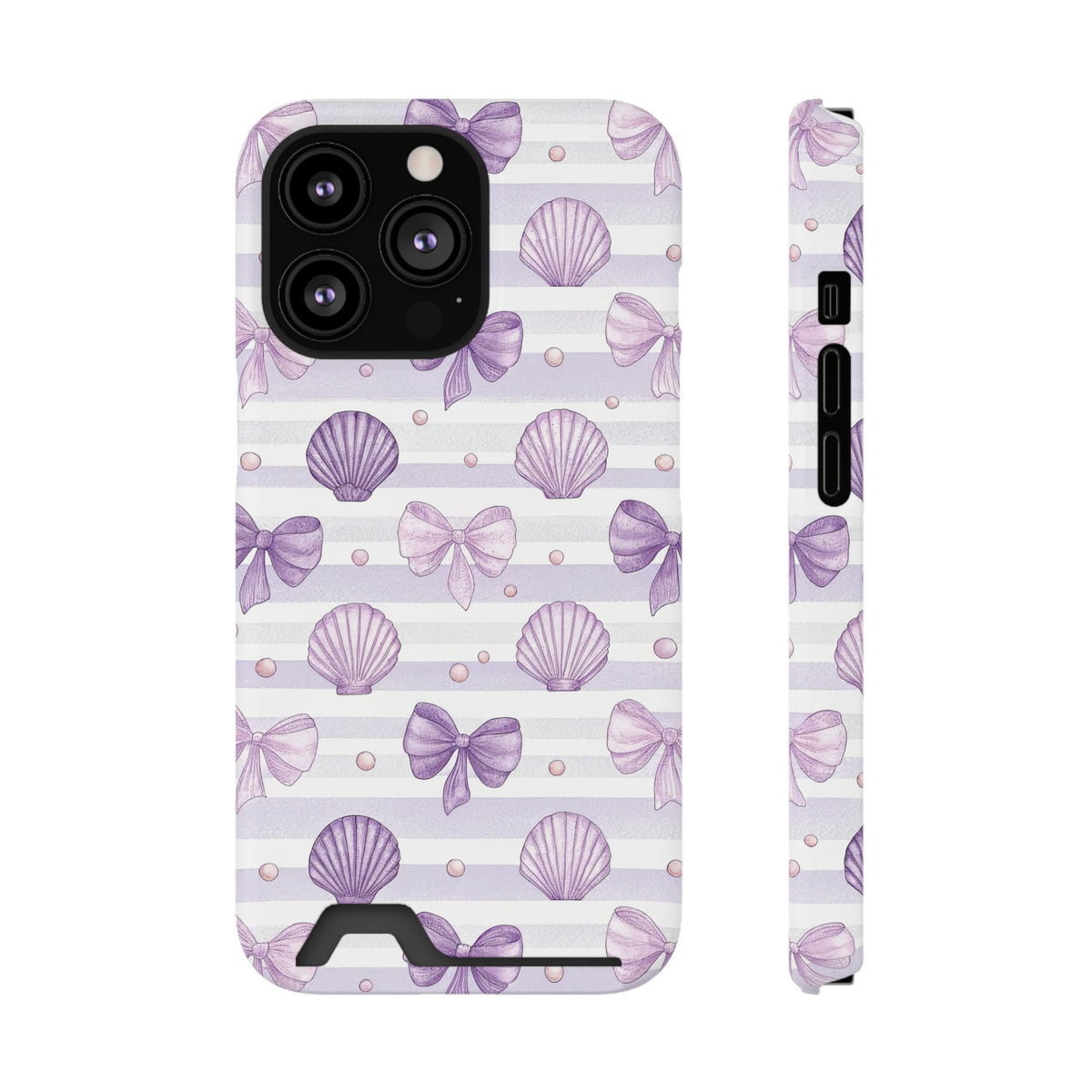 Lilac Seashell phone case with card holder for iPhone 13 Pro, glossy finish