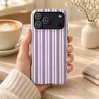 Lilac Stripe protective phone case, lilac and white stripes, lifestyle photo in hand with coffee
