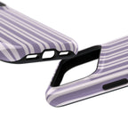 Lilac Stripe protective phone case, close-up at an angle