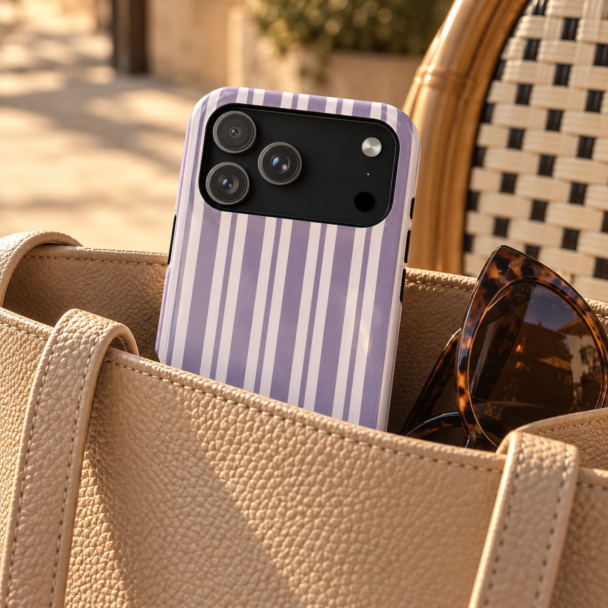 Lilac Stripe MagSafe case, lilac and white stripes, lifestyle photo in hand with coffee