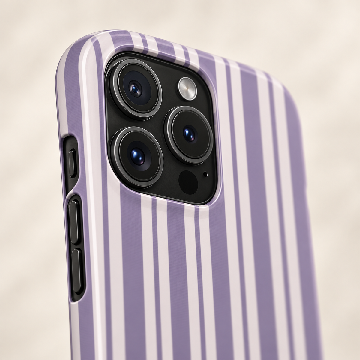 Lilac Stripe MagSafe case, lilac and white stripes, lifestyle close-up of the camera