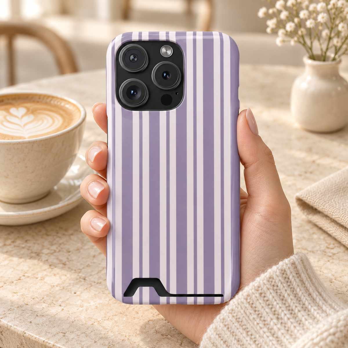 Lilac Stripe phone case with card holder, lilac and white stripes, lifestyle photo in hand with coffee