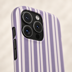 Lilac Stripe phone case with card holder, lilac and white stripes, lifestyle close-up of the camera