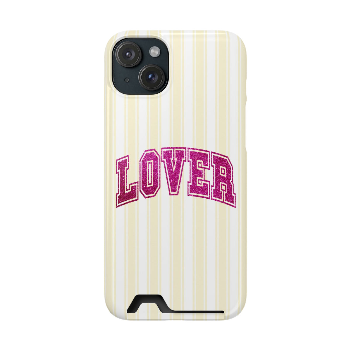 Lover Varsity phone case with card holder for iPhone 15 Plus, glossy finish