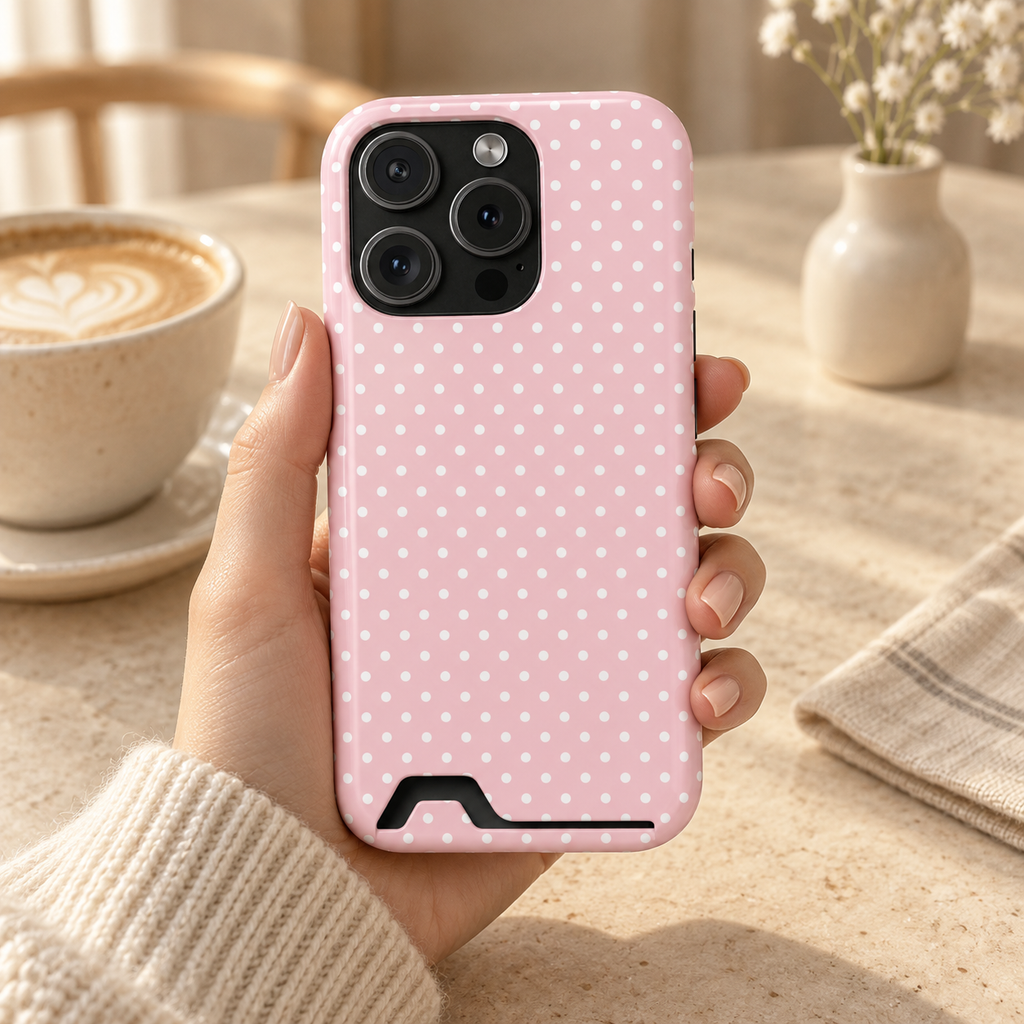 Micro Dot phone case with card holder, tiny white dots on soft pink, lifestyle photo in hand with coffee