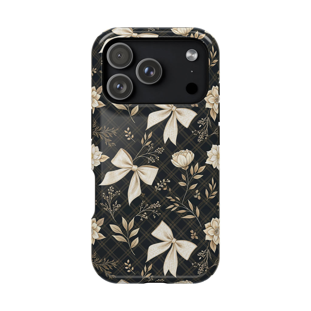 Midnight Bow protective phone case for iPhone 18 Pro, glossy finish