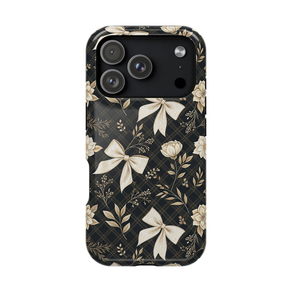 Midnight Bow protective phone case for iPhone 18 Pro, glossy finish