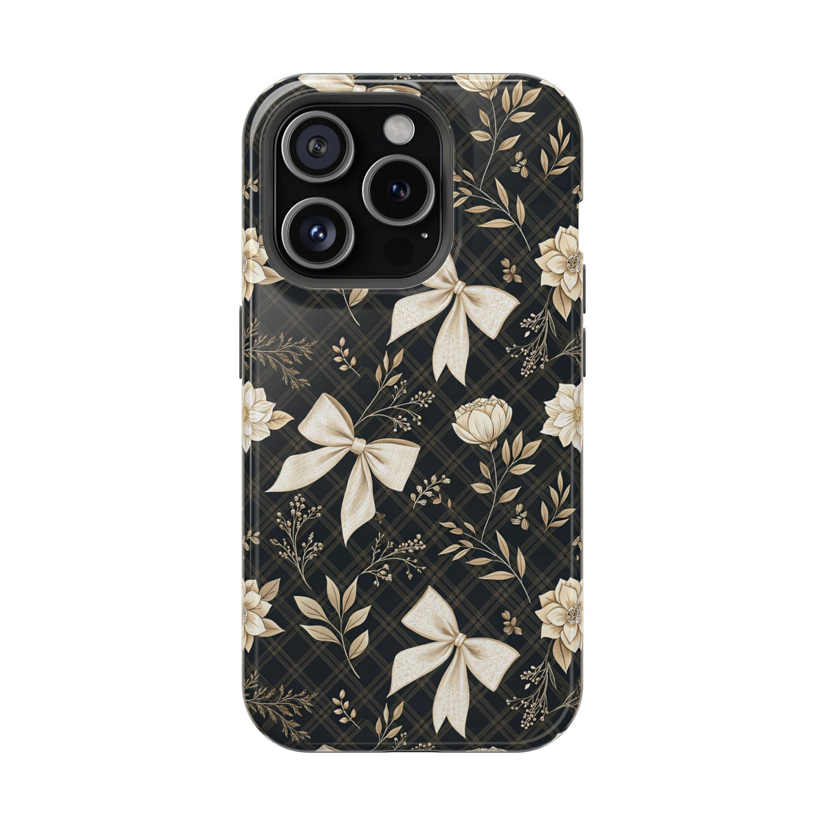 Midnight Bow protective phone case for iPhone 15 Pro, glossy finish