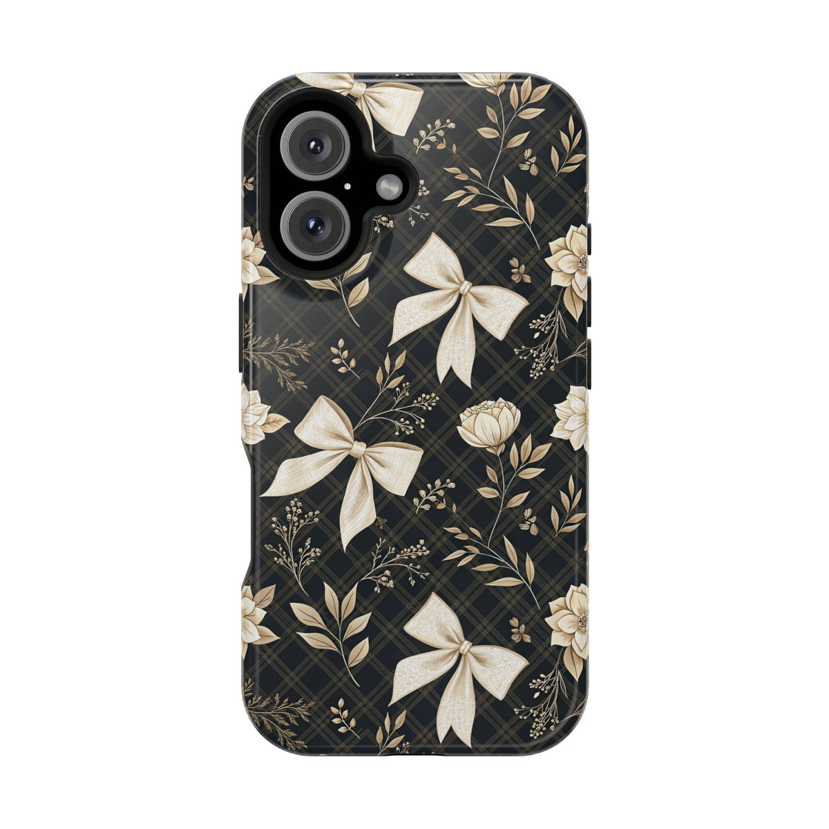 Midnight Bow protective phone case for iPhone 16, glossy finish