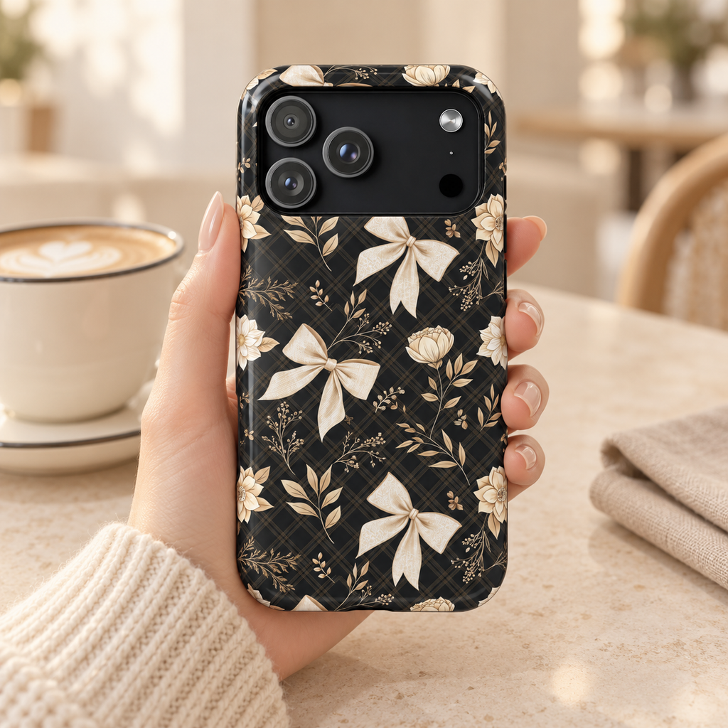Midnight Bow protective phone case, cream bows and golden florals on black, lifestyle photo in hand with coffee