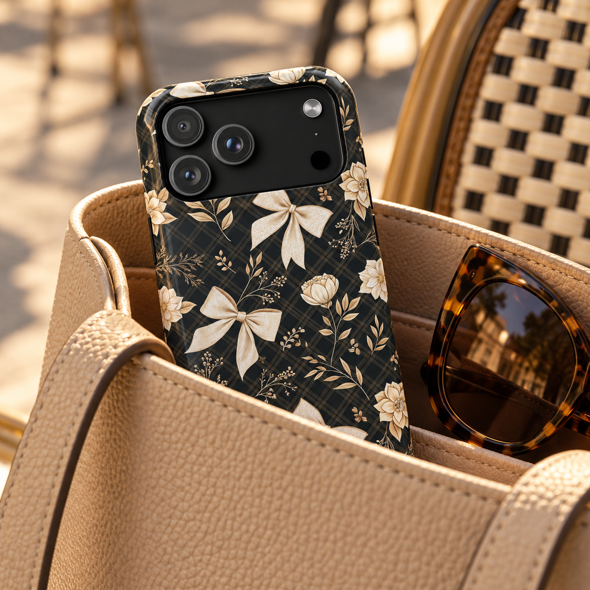 Midnight Bow MagSafe case, cream bows and golden florals on black, lifestyle photo in a handbag