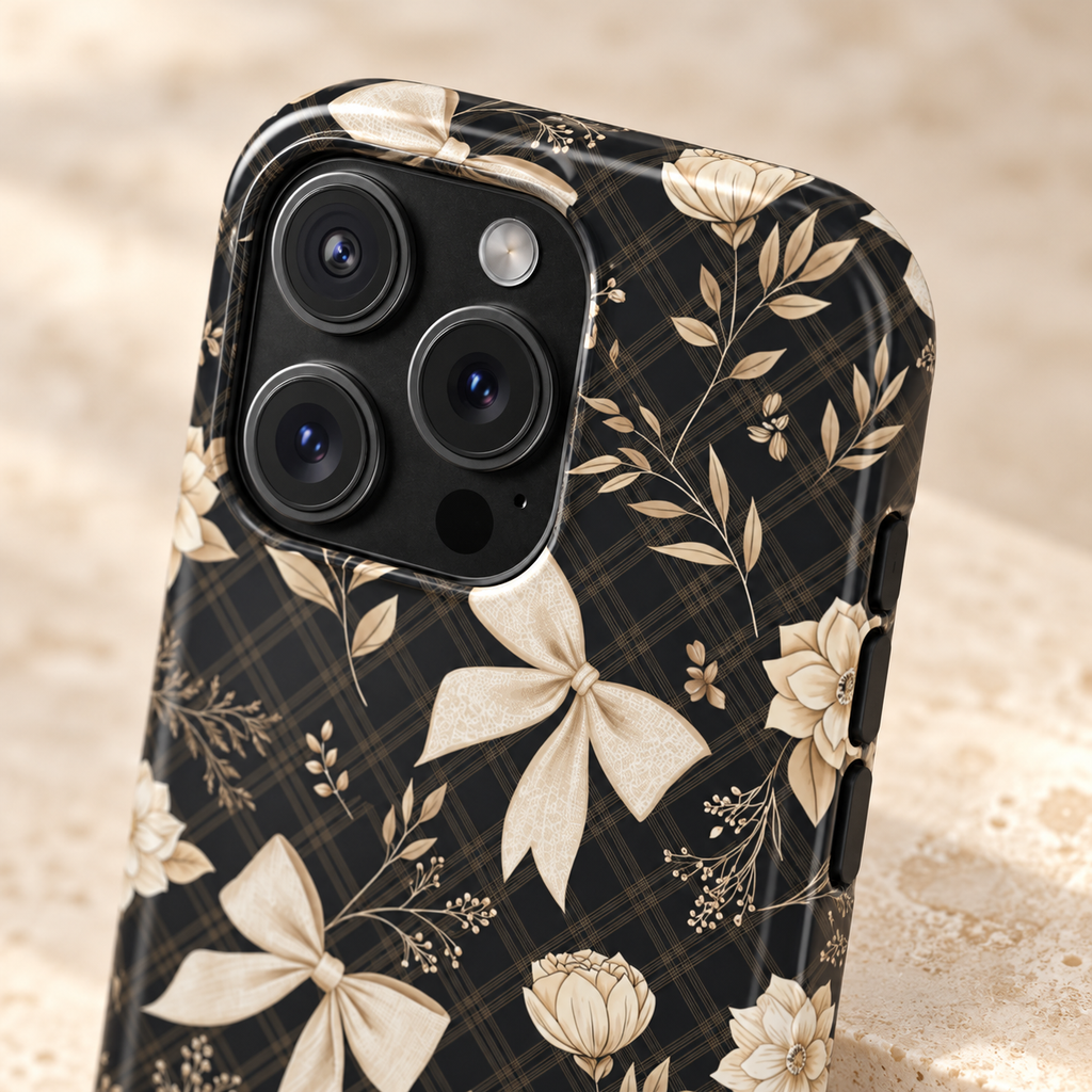Midnight Bow MagSafe case, cream bows and golden florals on black, lifestyle close-up of the camera