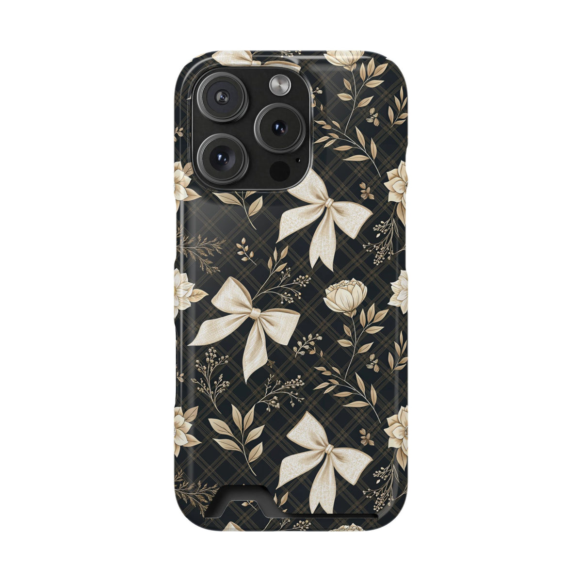 Midnight Bow phone case with card holder for iPhone 16 Pro, glossy finish