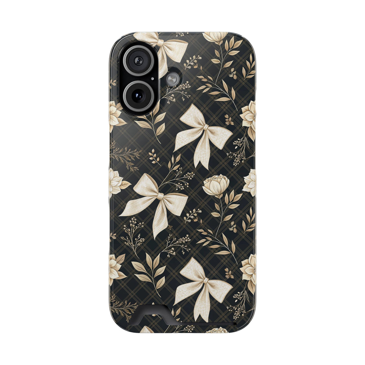 Midnight Bow phone case with card holder for iPhone 17, glossy finish