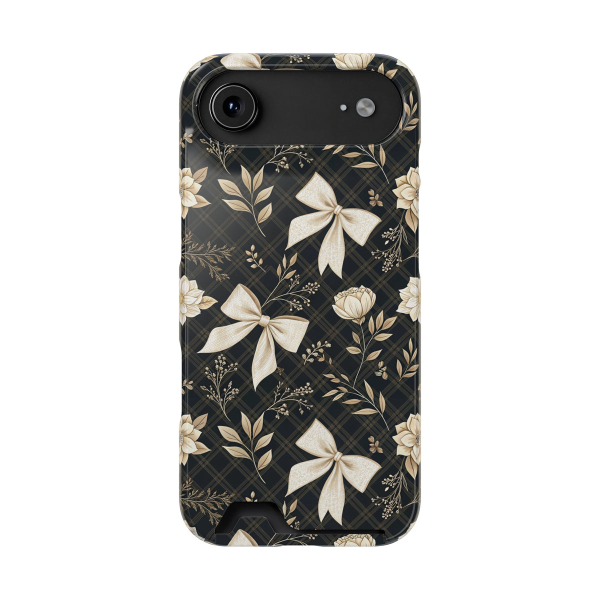 Midnight Bow phone case with card holder for iPhone 17 Air, glossy finish