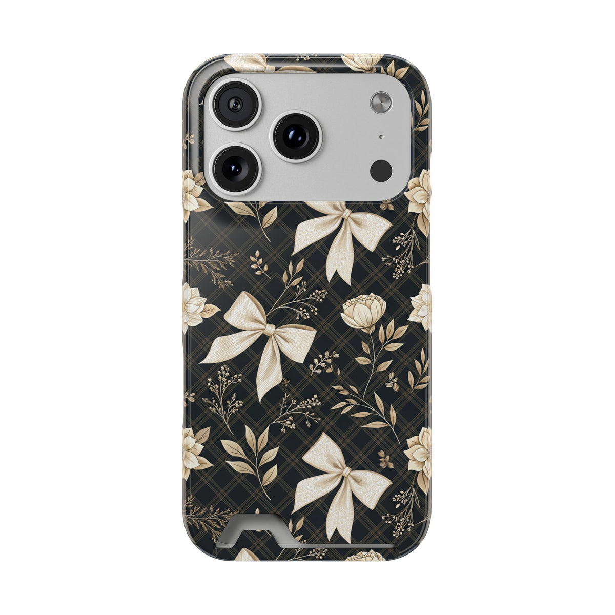 Midnight Bow phone case with card holder for iPhone 17 Pro, glossy finish
