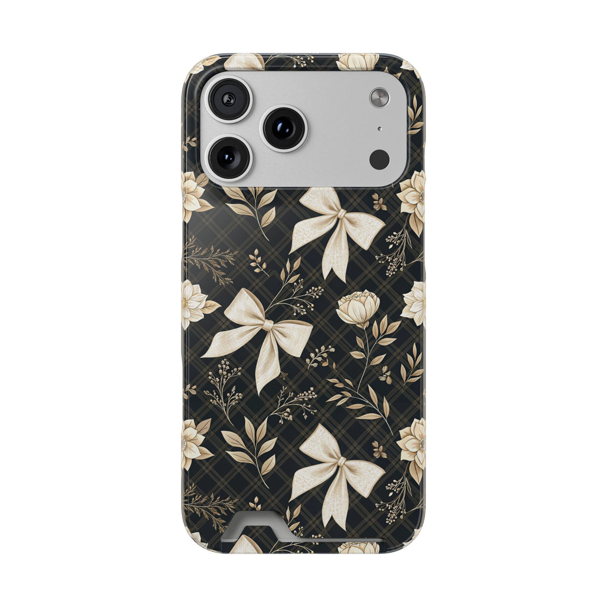 Midnight Bow phone case with card holder for iPhone 17 Pro Max, glossy finish
