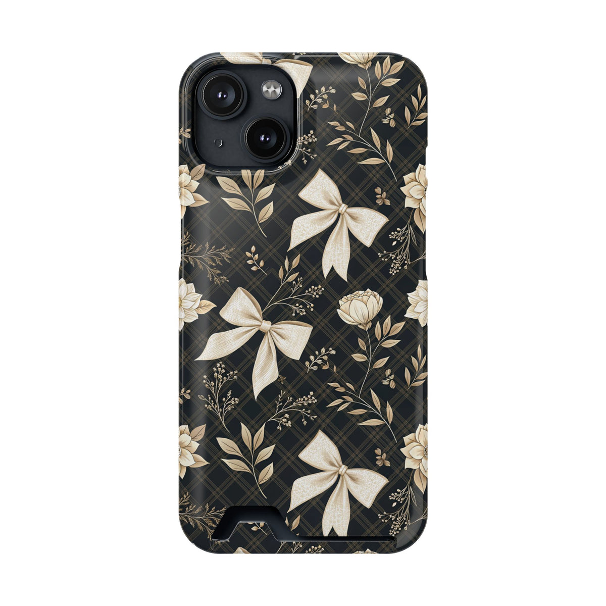 Midnight Bow phone case with card holder for iPhone 14, glossy finish