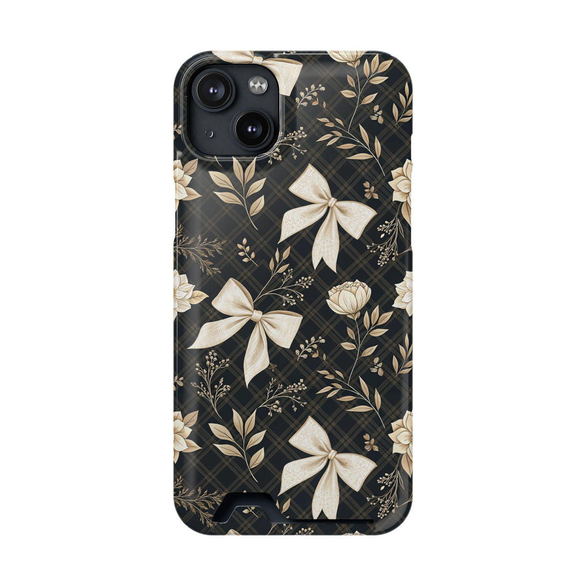 Midnight Bow phone case with card holder for iPhone 14 Plus, glossy finish