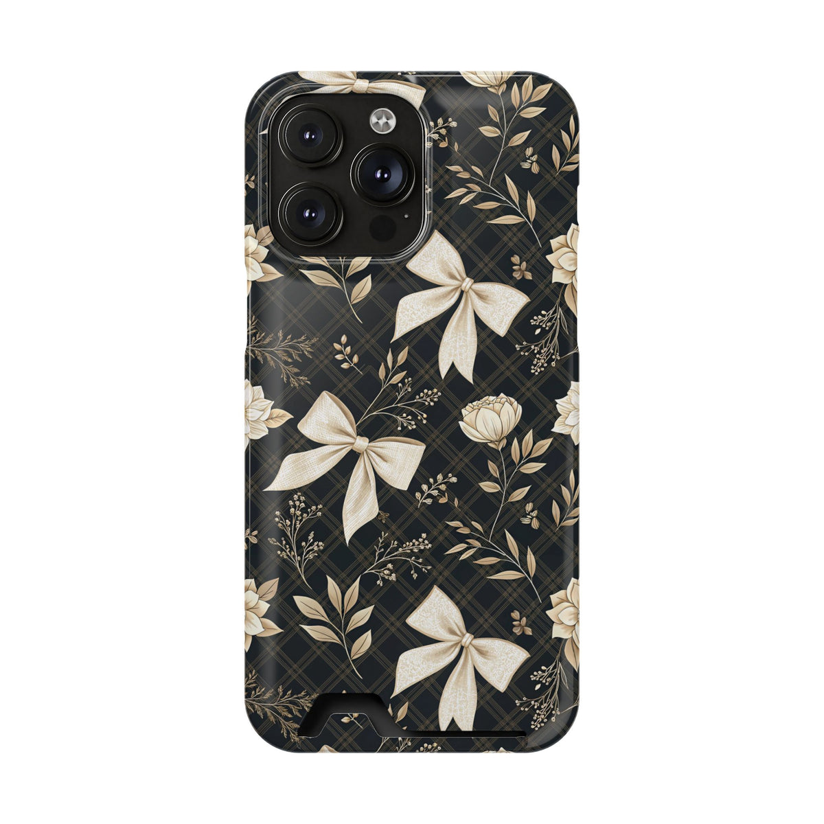 Midnight Bow phone case with card holder for iPhone 14 Pro Max, glossy finish