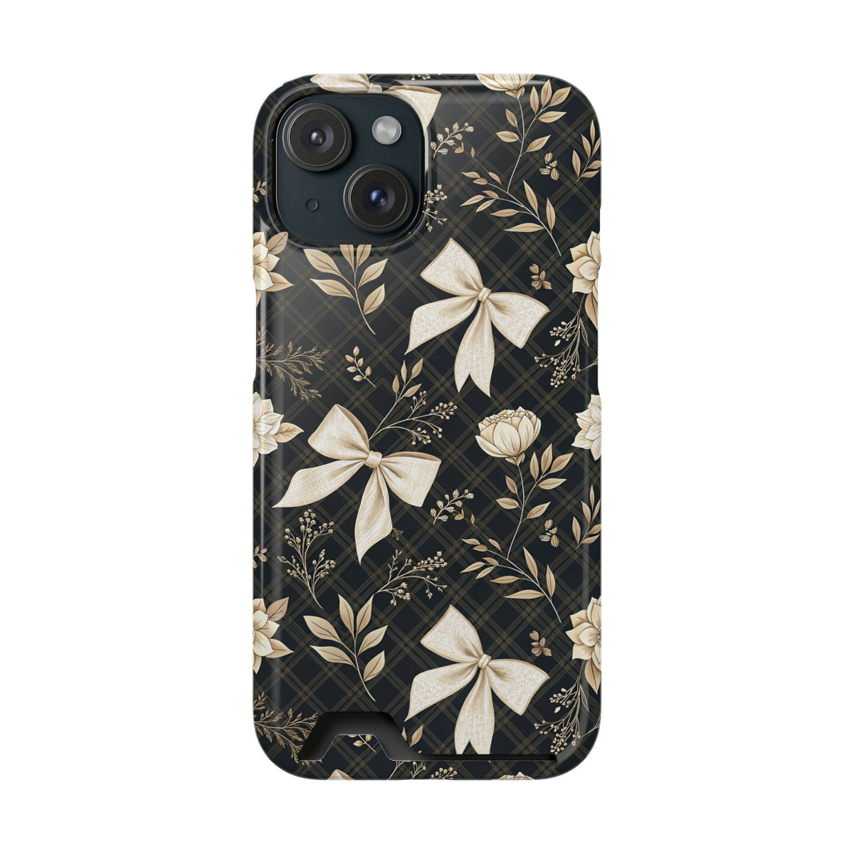 Midnight Bow phone case with card holder for iPhone 15, glossy finish