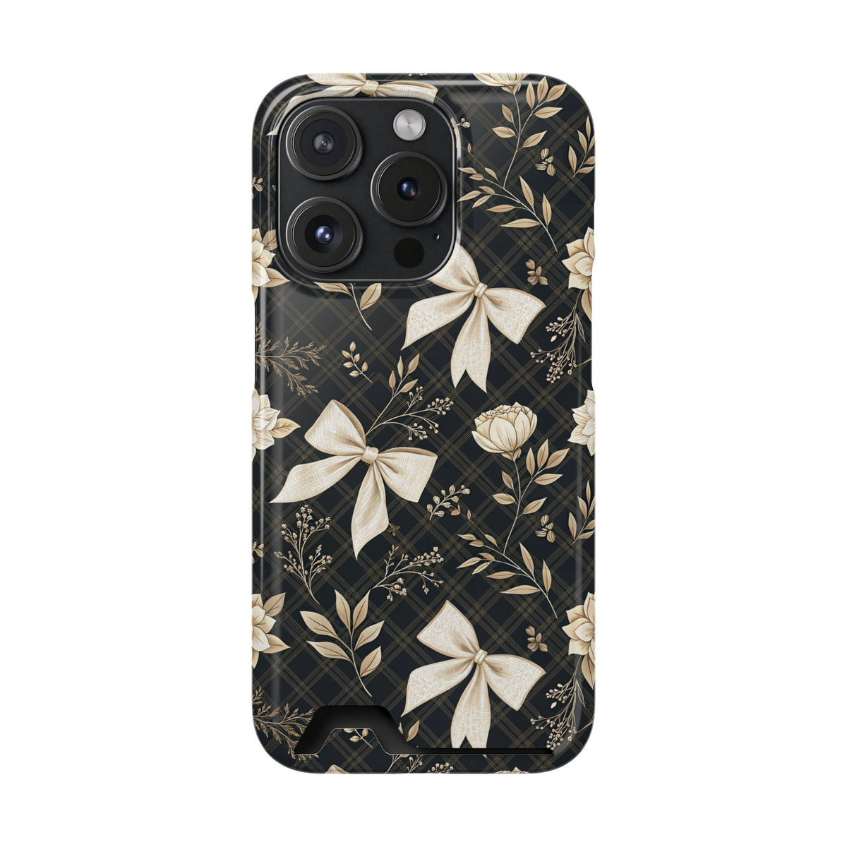 Midnight Bow phone case with card holder for iPhone 15 Pro, glossy finish