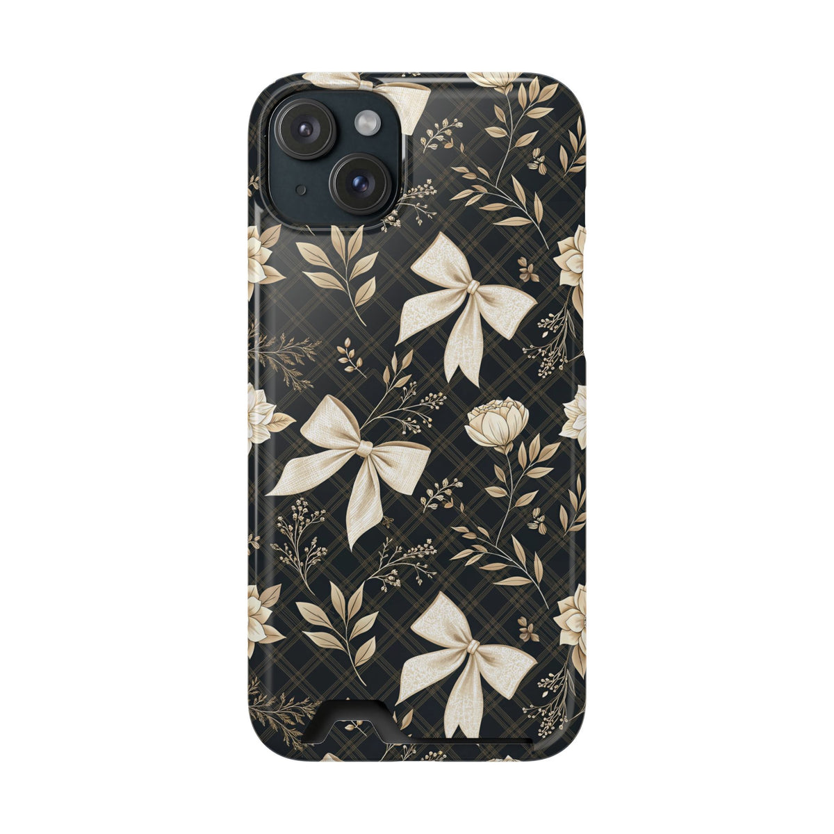 Midnight Bow phone case with card holder for iPhone 15 Plus, glossy finish