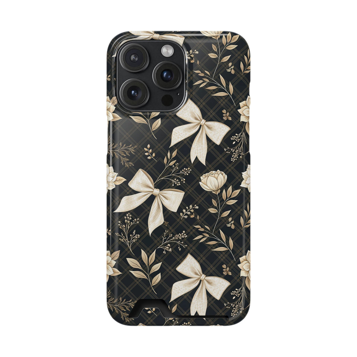 Midnight Bow phone case with card holder for iPhone 15 Pro Max, glossy finish