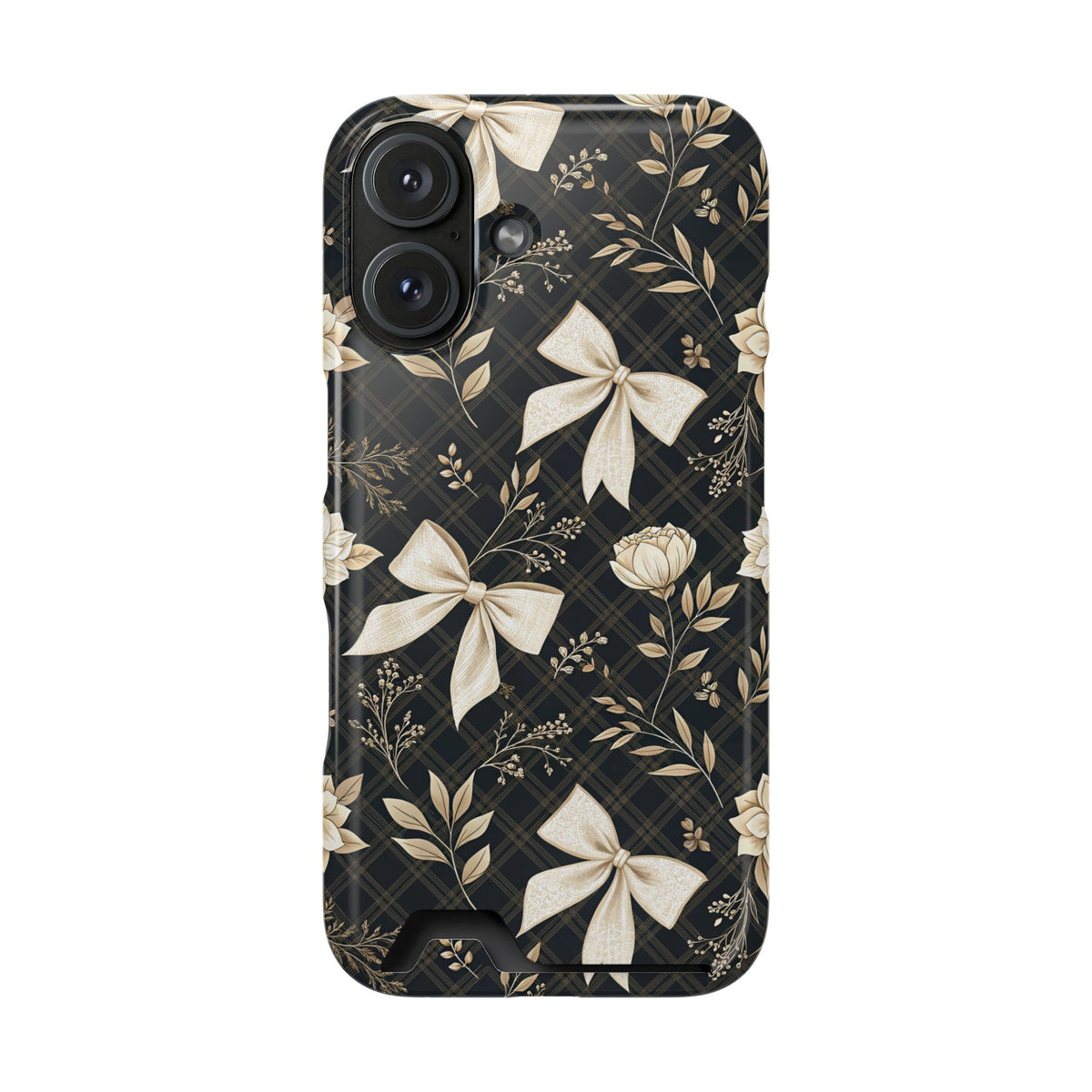 Midnight Bow phone case with card holder for iPhone 16, glossy finish