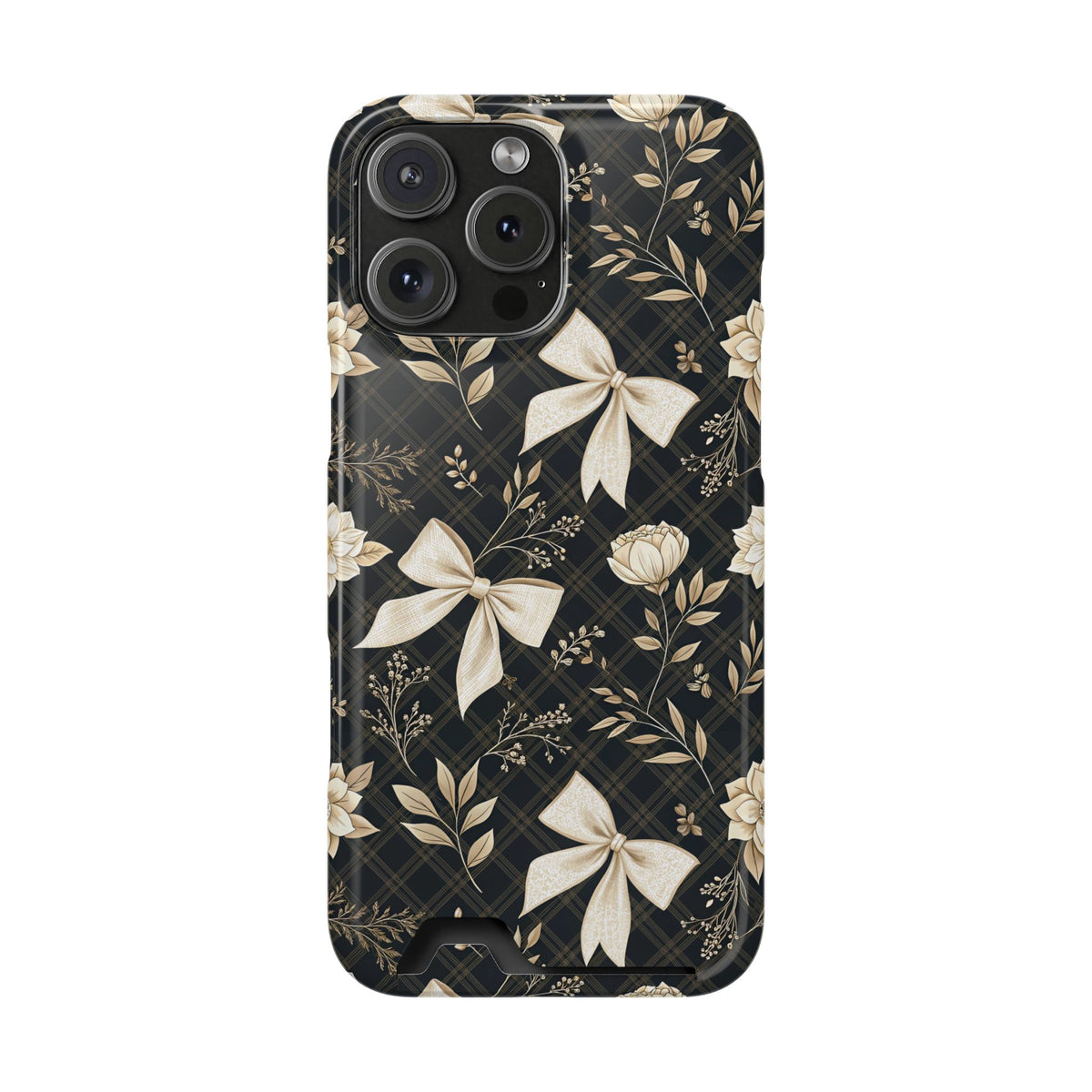 Midnight Bow phone case with card holder for iPhone 16 Pro Max, glossy finish