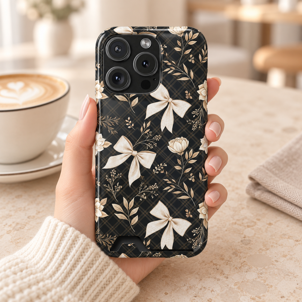 Midnight Bow phone case with card holder, cream bows and golden florals on black, lifestyle photo in hand with coffee